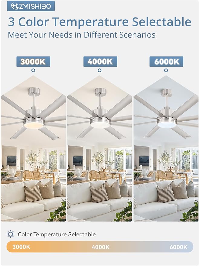 ZMISHIBO 72 Inch Ceiling Fans with Lights, Indoor/Outdoor Industrial Ceiling Fan with 8 Aluminum Reversible Blade, Quiet DC Motor, 3CCT&6-Speed Remote Control, Damp Rated for Living Room/Garage/Gazebo