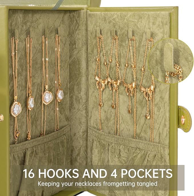 AKOZLIN 6-Tier Jewelry Box Organizer Functional 5 Drawers Leather Jewelry Storage Case for Women Girls Ring Necklace Earring Bracelet Holder Organizer with Mirror Medium Green