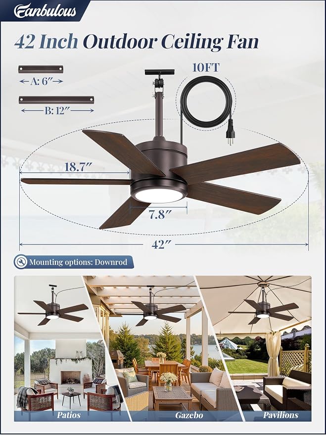 Fanbulous 42" Outdoor Ceiling Fan with Light and Remote, IP65 Waterproof, Plug-in Design with 10FT Cord, 6-Speeds, 3CCT, Hook Hanging Fan for Gazebo Patio Porch Garage Canopy(Oil Bronze)