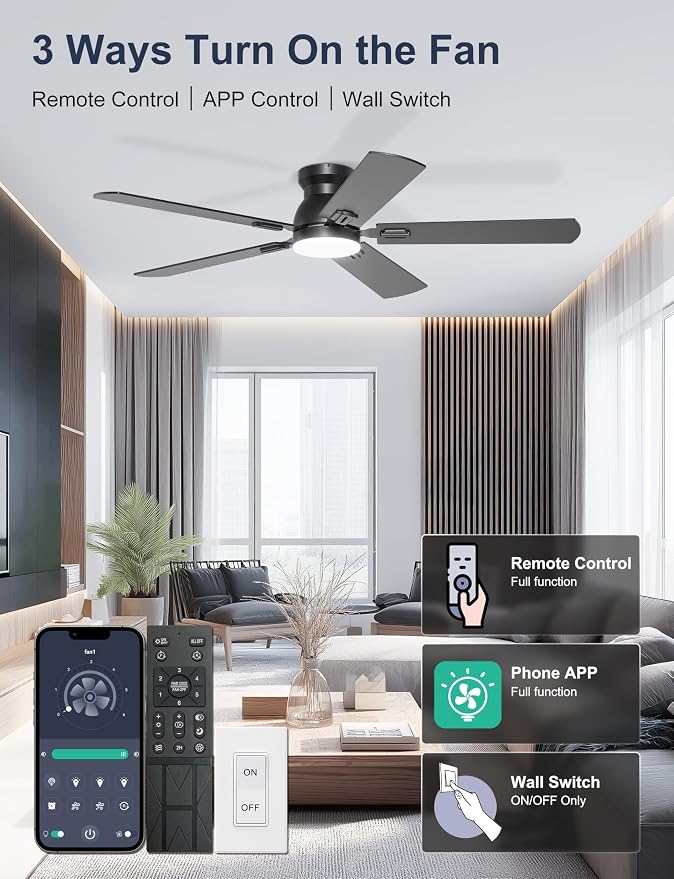 52'' Flush Mount Ceiling Fan with Lights, Space-Saving Low Profile for Low Ceilings, App/Remote Control, Safe Quiet DC Motor for Bedroom Living Room, Dimmable, Black