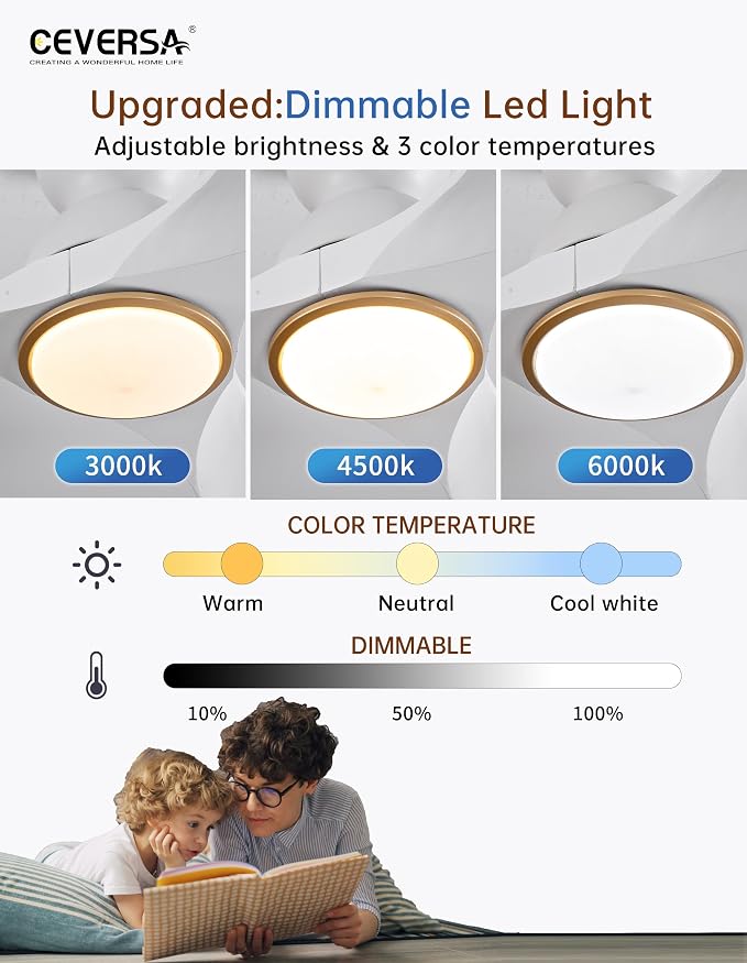 52 Inch Flush Mount White and Gold Ceiling Fans with Lights and Remote,Low Profile Ceiling Fan with Light,Dimmable,Quiet Noiseless DC Motor for Patios,Living Room,Bedroom(Wall Control Switch)