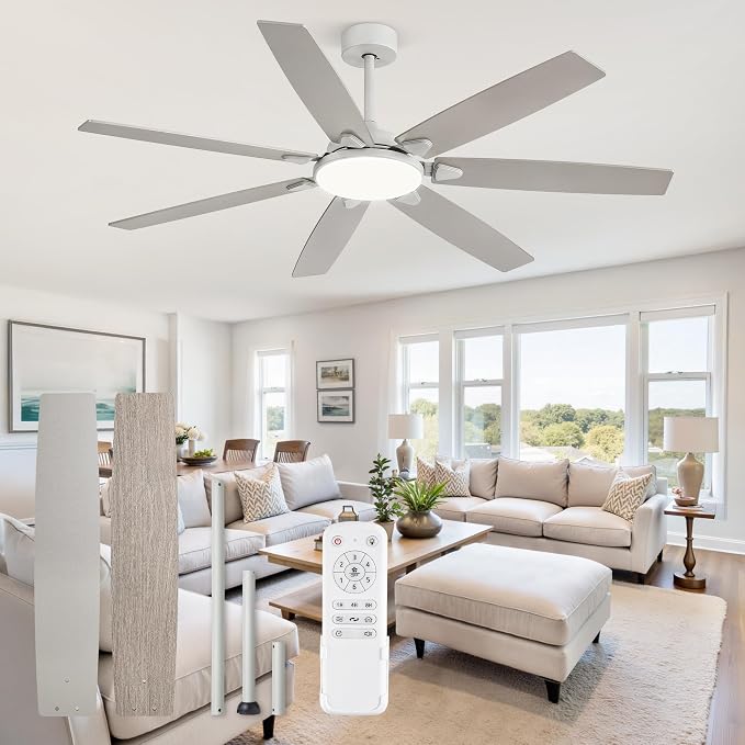 Fanbulous 62 Inch Large Ceiling Fans with Lights and Remote, Grey Modern Ceiling Fan with 3CCT LED Light, Quiet DC Motor,Indoor/Outdoor Ceiling Fan with 7 Dual Finish Blades for Living Room, Patio