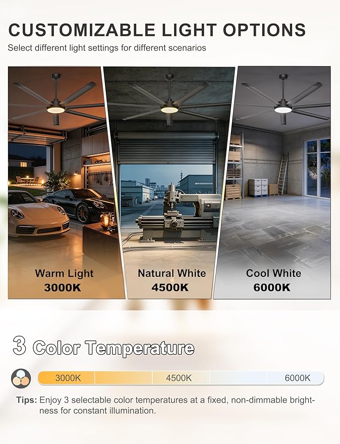 Ohniyou 84'' Large Ceiling Fan with Lights, High CFM Industrial Ceiling Fan Remote/APP Control, 7 Aluminum Blades, 3CCT, for Warehouse, Shop, Gym, Black