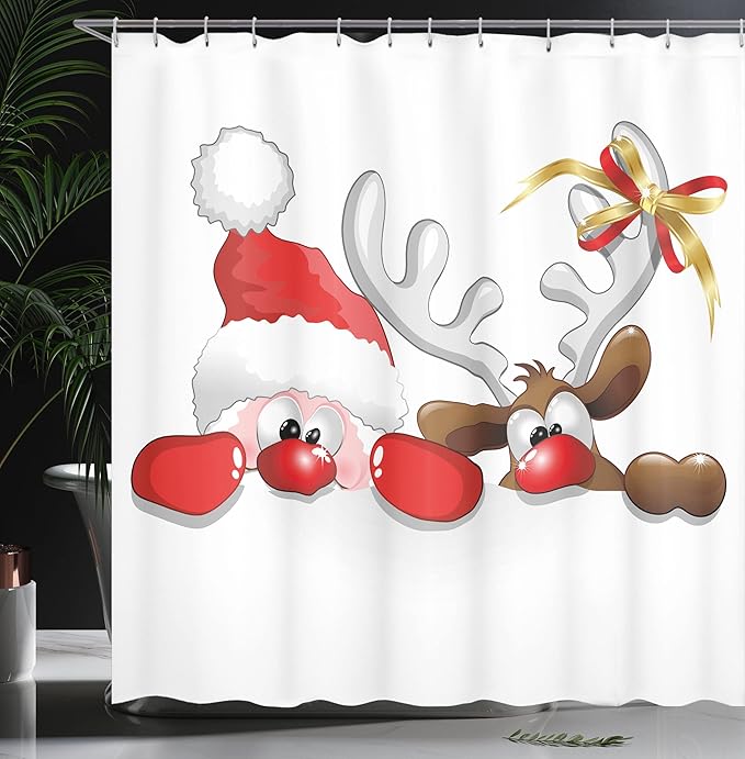 Ambesonne Christmas Shower Curtain, Funny Christmas Santa Claus and Reindeer Peeking Cartoon Style Humor, Cloth Fabric Bathroom Decor Set with Hooks, 69" W x 75" L, Vermilion Caramel White