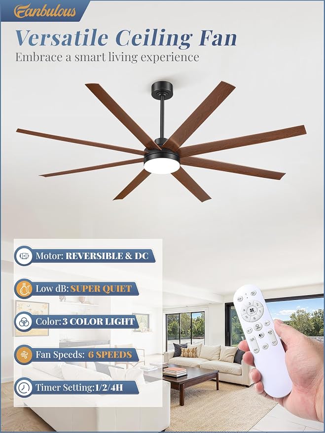 Fanbulous 72 Inch Large Ceiling Fans with Lights, Black Ceiling Fan with Remote Control, Dimmable, 3CCT, Quiet, Modern Ceiling fan For Living Room, Bedroom, Kitchen, Patio, Outdoor