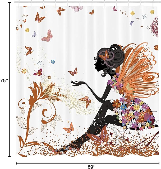 Ambesonne Fantasy Shower Curtain, Spring Girl Wings in a Floral Dress Surreal Garden Butterflies Print, Cloth Fabric Bathroom Decor Set with Hooks, 69" W x 75" L, Pale Cinnamon