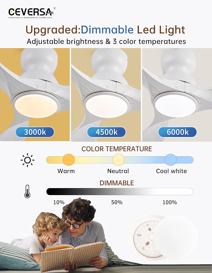 52 Inch Low Profile Ceiling Fans with Lights and Remote, White Flush Mount 3 Blade Wood Ceiling Fan,Dimmable,Quiet Noiseless for Patios,Living Room,Bedroom(Wall Control Switch)