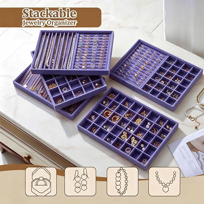 Large Velvet Jewelry Tray 2 Pack Stackable Jewelry Display Drawer Inserts Trays Organizer for Earring Bracelet Necklace Ring (Purple, 40 Grids)