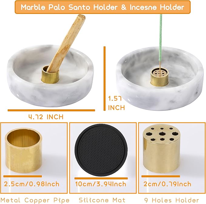 Palo Santo Holder, Natural Marble Incense Burner for Palo Santo Sticks, Handmade Stick Incense Holder Ideal for Smudging, Incense Burning, Decoration (Natural White&Grey)