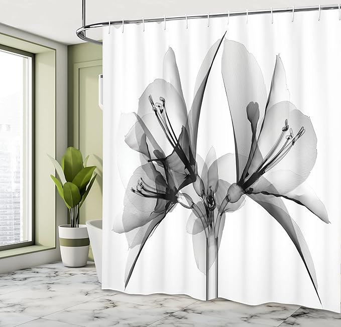 Ambesonne Flower Shower Curtain, Illustration of a Blooming Flower X-ray Vision of Nature Solarized Pattern, Cloth Fabric Bathroom Decor Set with Hooks, 69" W x 84" L, Taupe Grey