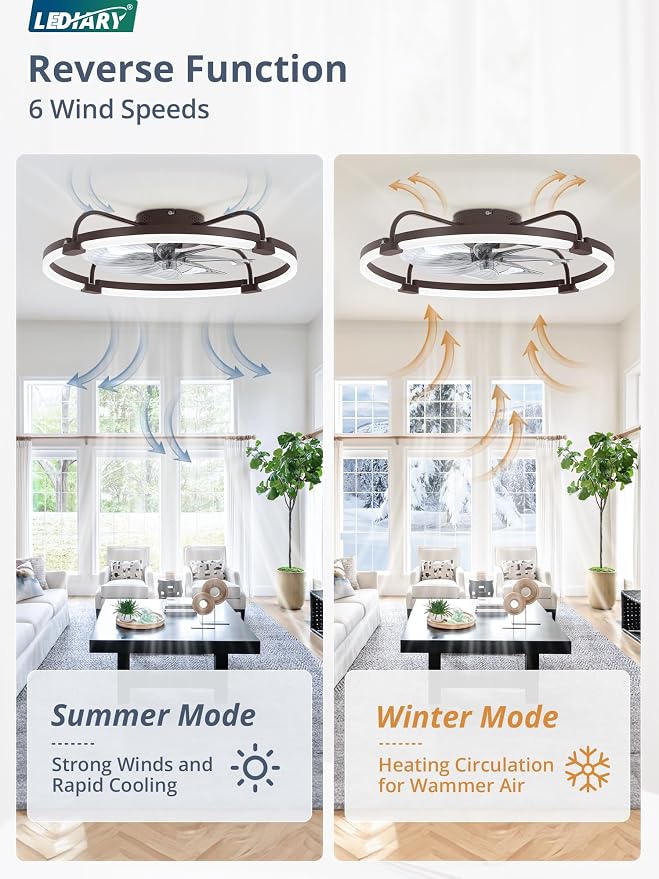 LEDIARY Ceiling Fans with Lights and Remote, 24'' Low Profile Ceiling Fan with Light, 3000-6000K Dimmable Fandelier LED Fan Light, 6 Wind Speeds, Brown Modern Flush Mount Ceiling Fan for Bedroom