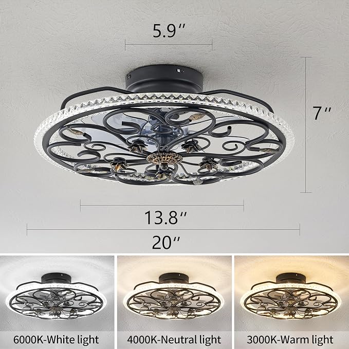 Dalouguan Black Flower Caged Ceiling Fan with Light, Rustic Industrial Ceiling Fan with Lights and Remote, LED Low Profile Ceiling Fan with Light for Bedroom Kitchen Living Room