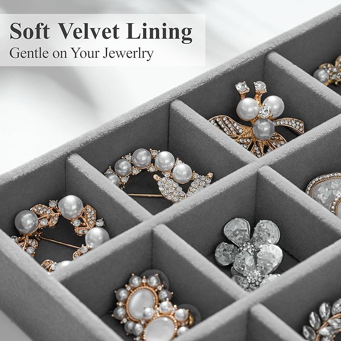 Velvet Jewelry Drawer Organizer Trays – Large Grey Stackable Jewelry Storage Inserts Set, 4-Layer Jewelry Tray Set for Earrings, Rings, Necklaces, Bracelets with Removable Dividers for Dresser, Vanity
