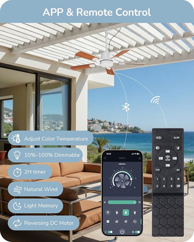 EDISHINE 42" Outdoor Ceiling Fan with Light, IP66 Waterproof Gazebo Hanging Fan, 4800 CFM, 3CCT, APP/Remote Control, 5 Wood Blade, 6-Speed Winds, Plug in Ceiling Fans for Patios Porch Pergola, White