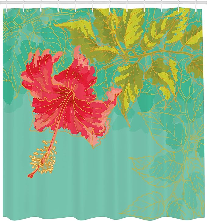 Ambesonne Watercolor Flower Shower Curtain, Colorful Drawing of Hubiscus Flower Pastel Tones Spring Rural Floral, Cloth Fabric Bathroom Decor Set with Hooks, 69" W x 75" L, Green Teal