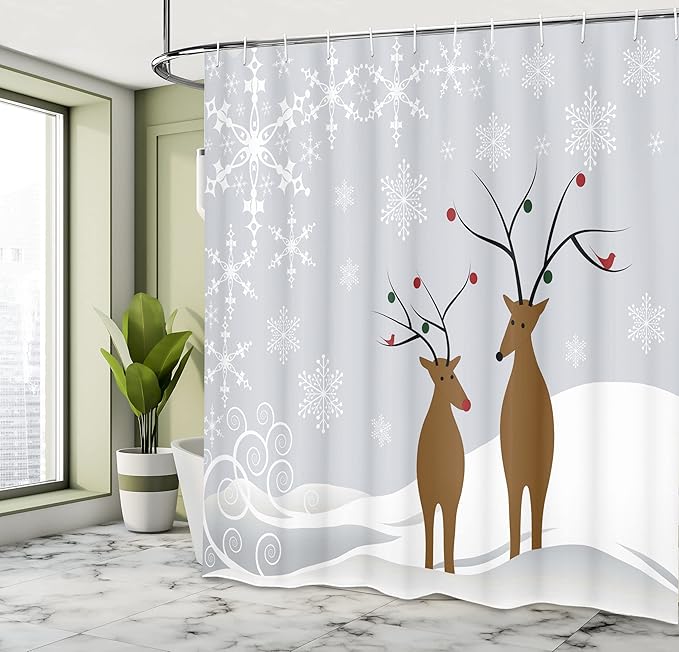 Ambesonne Christmas Shower Curtain, Reindeers at Noel Time Yule with Snowflakes in Winter Santa Print, Cloth Fabric Bathroom Decor Set with Hooks, 69" W x 75" L, Brown Pale Grey White