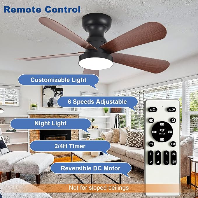 Depuley Small Ceiling Fan with Lights: 35-Inch Flush Mount Fan with Light and Remote - Low Profile Ceiling Fans Reversible Quiet DC Motor for Bedroom Living Room Indoor Outdoor, Walnut