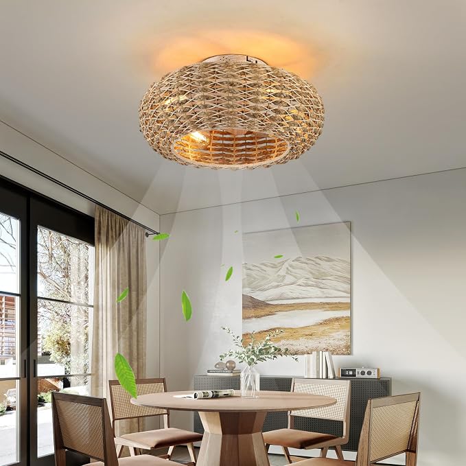 Boho Caged Ceiling Fans with Lights Flush Mount,Low Profile Ceiling Fan with Remote and APP,20 Inch Rattan Fan for Bedroom,6 Speeds Reversible Silent Fandalier (4 LED Bulb Include)…