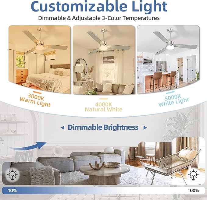 hykolity 52 Inch Modern Nickel LED Ceiling Fan with Light and Remote | 3CCT Dimmable LED Light, Quiet Reversible DC Motor, 6-Speed, Downrod Included, 3 Blade Ceiling Fans for Bedroom Living Room