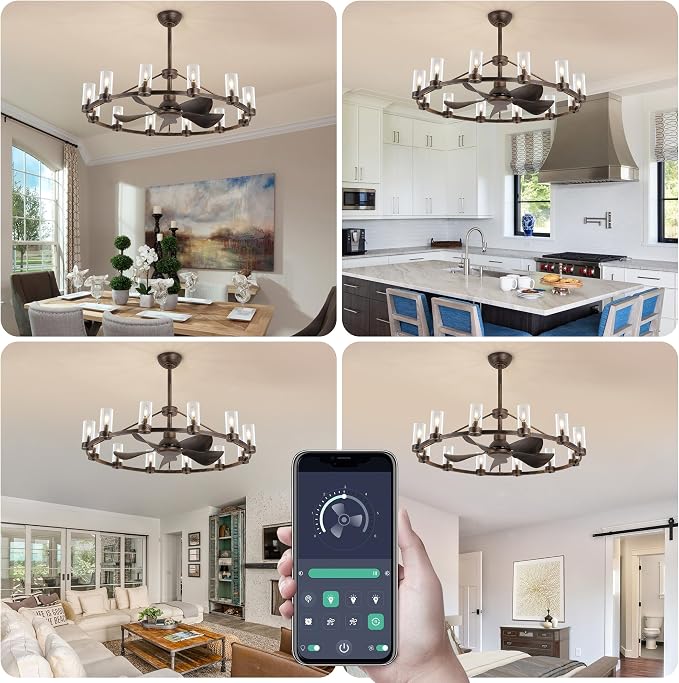 44" Wagon Wheel Chandelier Ceiling Fans with Lights and Remote with APP, 12-Lights Farmhouse Fandelier Fans with Glass Shade, Antique Bronze Lighting Fixture for Dining Living Room, Kitchen Island