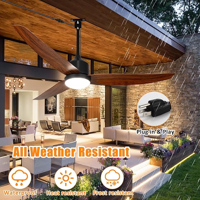 Depuley Outdoor Ceiling Fan with Light: 52 Inch Gazebo Fan Outdoor Hanging - Plug in Fan for Patio Waterproof - Dimmable Fans with Lights Remote App Control - Walnut
