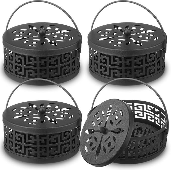 Lallisa 4 Pieces Mosquito Coil Holder Incense Coil Holder Round Retro Portable Metal Hanging Incense Burner with Handle for Home Camping Indoor Outdoor Patio(Black,Metal Sheet Included)