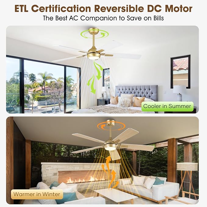 52" White Gold Ceiling Fan with Light and Remote, DC Motor Ceiling Fan with LED Light, 6-Speed Reversible, Dimmable 3CCT, Modern Ceiling Fan for Bedroom Living Room