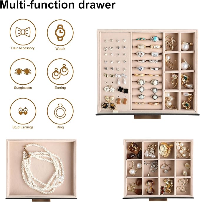 Frebeauty Jewelry Box for Women,Clear Lid Jewelry Organizer with 3 Drawers | Faux Leather,Velvet Lining,3 Layers,Jewelry Storage for Ring Earring Stud,Dustproof Design,Gift Choice,Golden Stylish Handle
