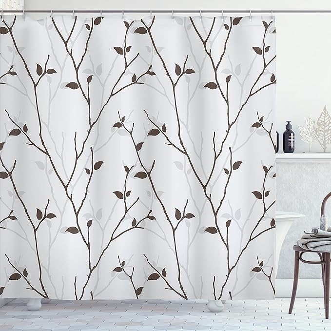 Ambesonne Leaf Shower Curtain, Branches in The Fall Trees Stem Twig with Last Few Leaves Minimalistic Design Art, Cloth Fabric Bathroom Decor Set with Hooks, 69" W x 84" L, Grey Brown