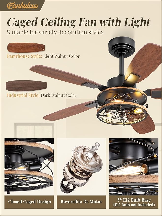 Fanbulous Farmhouse Ceiling Fan with Light and Remote, Industrial Caged Flush Mount Ceiling Fans with 6 Speed Reversible Motor and Dual Finish 5 Blades, for Living room, Bedroom (Black, 42 Inch)