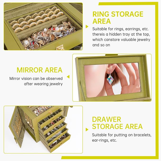 AKOZLIN 6-Tier Jewelry Box Organizer Functional 5 Drawers Leather Jewelry Storage Case for Women Girls Ring Necklace Earring Bracelet Holder Organizer with Mirror Medium Green