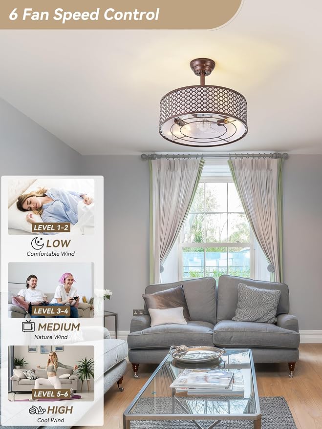 Brown Fandelier Ceiling Fan with Light, 20" Caged Boho Ceiling Fans with Lights and Remote, Mid Century with 6 Speeds for Bedroom, Living Room, Nursery