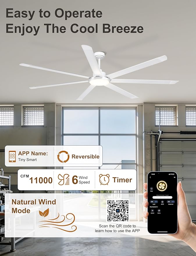 Ohniyou 84'' Industrial Ceiling Fan with Light for Shop, Garage, White | 11000 CFM Airflow, 7 Aluminum Blades, 3CCT, Remote/APP Control, 6 Speeds, Reverse Mode, Large Commercial Metal Fan for Gym