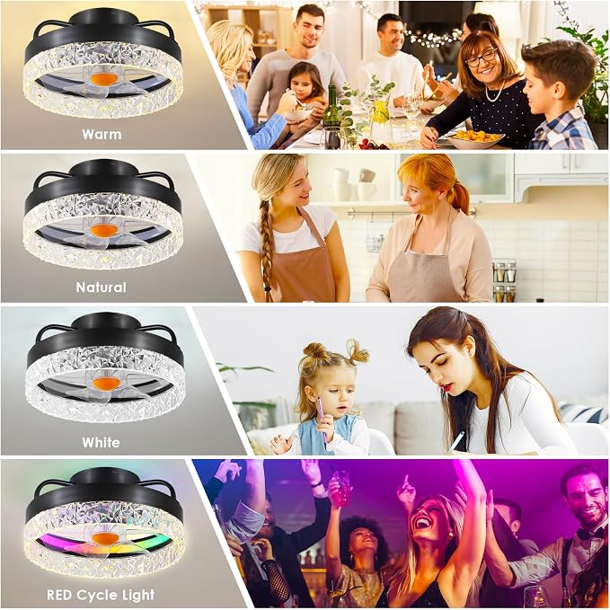 Mpayel RGB Ceiling Fans with Lights and Remote, 13'' Low Profile Ceiling Fans, LED Bladeless Modern Flush Mount Ceiling Fan Light for Bedroom, Living Room, Kitchen