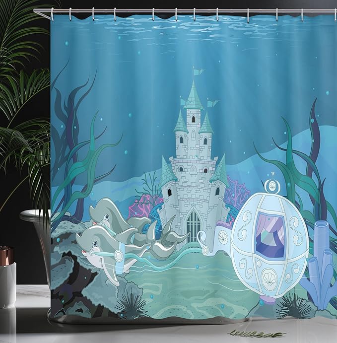 Ambesonne Ocean Shower Curtain, Mermaid Castle with Dolphins Moss Fish Sun Beams Art Print, Cloth Fabric Bathroom Decor Set with Hooks, 69" W x 84" L, Turquoise Teal