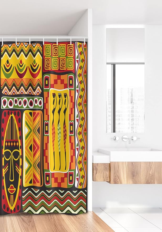 Ambesonne African Stall Shower Curtain, Elements Historical Original Striped and Rectangle Shapes Design, Fabric Bathroom Decor Set with Hooks, 36" W x 72" L, Scarlet Yellow
