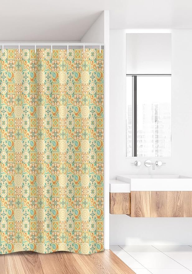 Ambesonne Vintage Stall Shower Curtain, Italian Style Checkered Pattern with Floral Motifs Traditional Antique Art Design, Fabric Bathroom Decor Set with Hooks, 36" W x 72" L, Seafoam Dark Peach