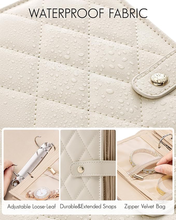 VLANDO Travel Jewelry Organizer Case,Valentines Gift,Jewelry Storage Book Ring Binder with Clear Zipper Velvet Jewelry Pouches Bags for Rings,Necklace,Earrings-Cream White