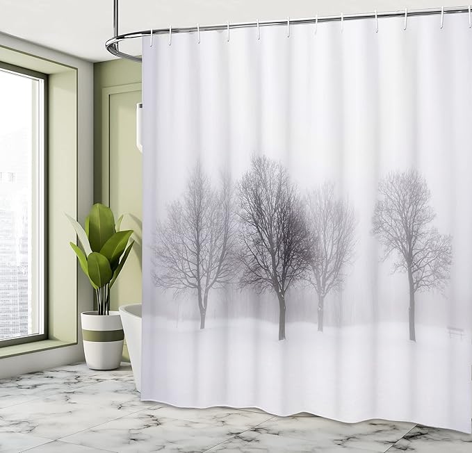 Ambesonne Winter Shower Curtain, Foggy Misty Cold Scenery Leafless Tree Branch in Weather Print, Cloth Fabric Bathroom Decor Set with Hooks, 69" W x 84" L, Grey and White