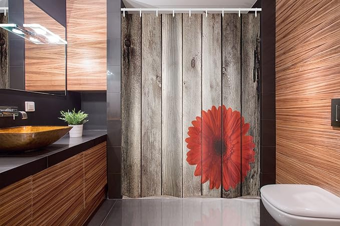 Ambesonne Rustic Stall Shower Curtain, Flower Red Dahlia on Foreground of Murky Featured Dated Wooden Board Retro Art Print, Fabric Bathroom Decor Set with Hooks, 54" W x 78" L, Brown