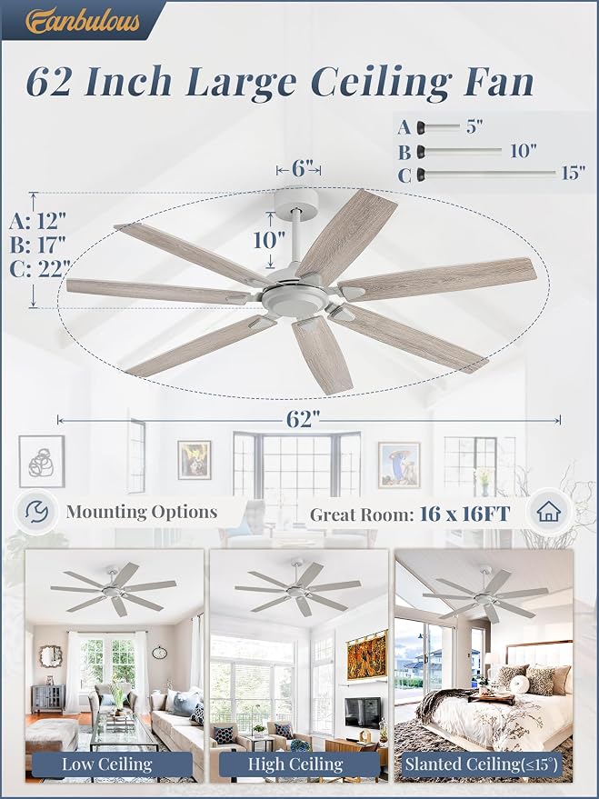 62 Inch Ceiling Fan No Light with Remote Control, Grey Ceiling Fans Without Light With 6-Speeds Quiet Reversible DC Motor, Indoor/Outdoor Ceiling Fan with Dual Finish 7 Blades for Patio Living Room