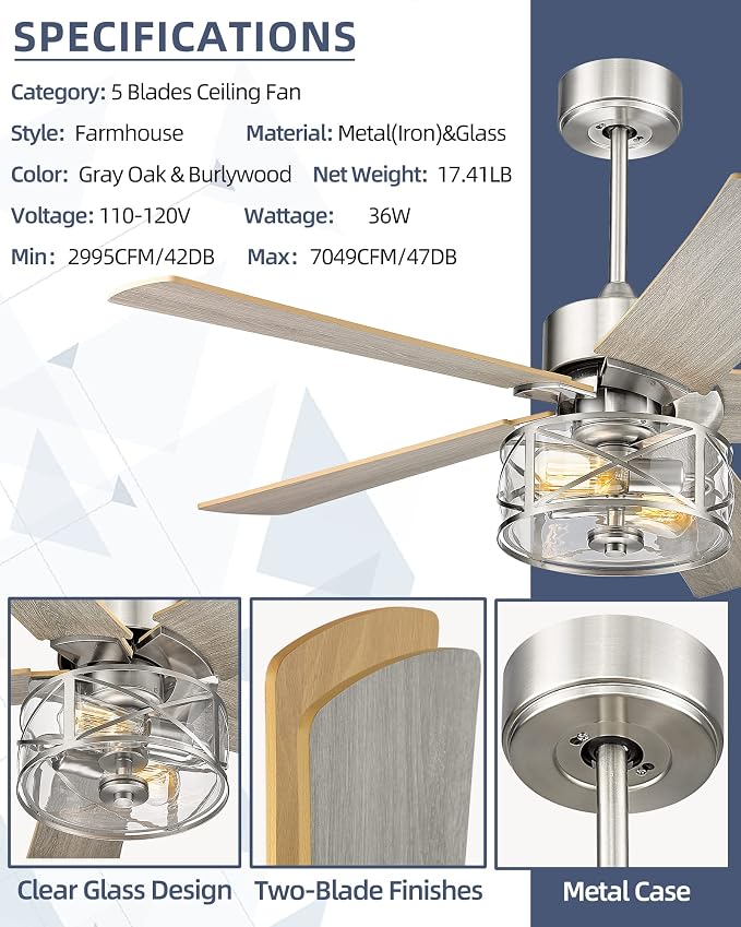 YOUKAIN Farmhouse Ceiling Fans, 48 Inch Industrial Ceiling Fan with Light and Remote Control, Clear Glass, 5-Reversible Blades with Gray Oak/Burlywood Finish, 52-YJ632-BN