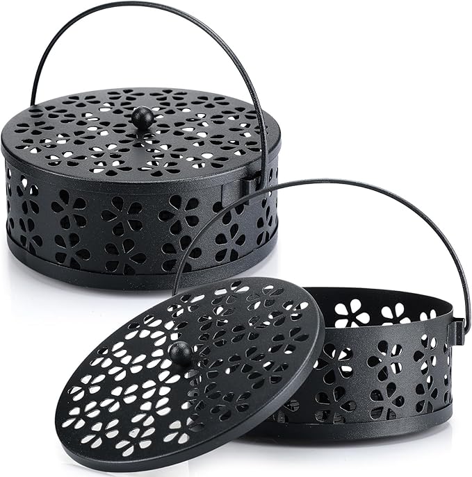 Lallisa 2 Pieces Mosquito Coil Holder Incense Coil Holder Retro Portable Round Metal Hanging Incense Burner Holders with Handle for Home Indoor Outdoor Camping Patio (Black)
