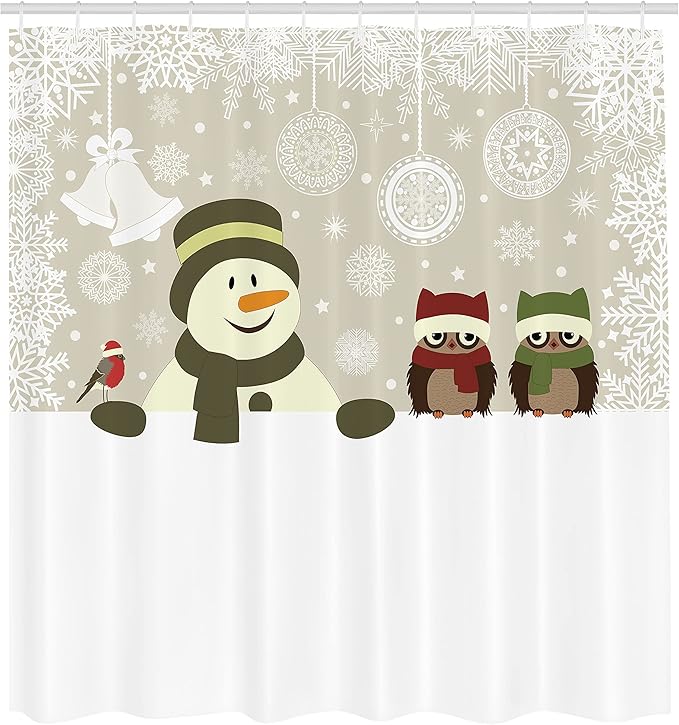 Ambesonne Christmas Shower Curtain, Snowman Owls in Snowy Winter Day Jingle Bells Snowflake Image, Cloth Fabric Bathroom Decor Set with Hooks, 69" W x 75" L, White Green Red