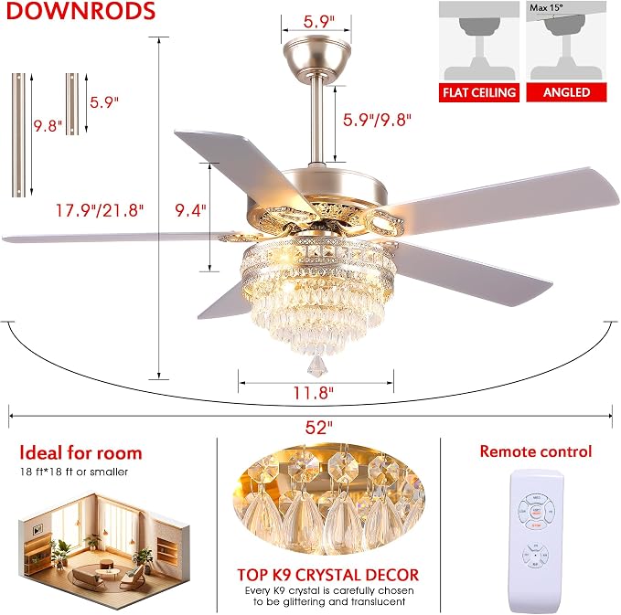 GJeg Crystal Ceiling Fan Fandelier with Lights - Retro Outdoor Fans with Remote Control, Farmhouse Ceiling Fan with Noiseless AC Reversible Motor,Dining Room,Living Room(52" Silver)