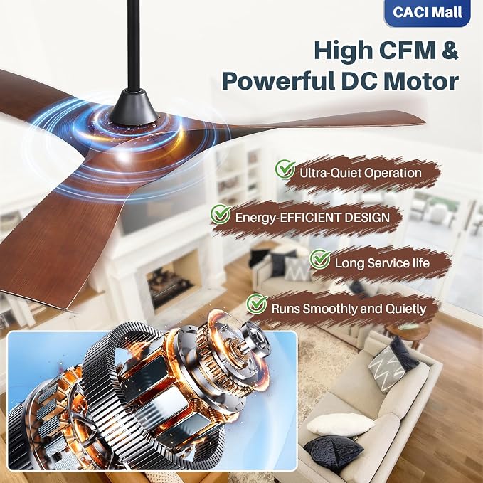 CACI Mall 52 Inch Propeller Ceiling Fan No Light, Remote Control, 6 Speeds Noiseless DC Motor, 3 ABS Blades, Indoor Outdoor Ceiling Fans for Living Room, Bedroom, Patio