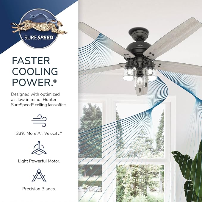 Hunter 60 inch Indoor Ceiling Fan with LED Lights - Bronze Ceiling Fan with Pull Chain, For Bedroom or Living Room, Standard Mount, No Remote, 5 Blades, Includes Bulbs - Churchwell 51200, Noble Bronze
