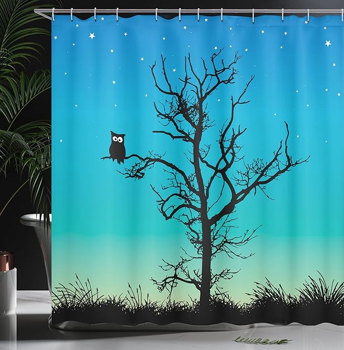 Ambesonne Owls Shower Curtain, Owl in Naked Winter Tree Under Night Sky with Stars Grass Goodnight Artwork, Cloth Fabric Bathroom Decor Set with Hooks, 69" W x 75" L, Turquoise Black