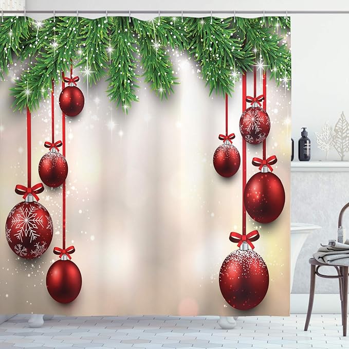 Ambesonne Christmas Shower Curtain, Xmas Traditional Winter Season Theme Fir Twigs and Vibrant Balls Graphic Print, Cloth Fabric Bathroom Decor Set with Hooks, 69" W x 84" L, Green and Red