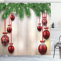 Ambesonne Christmas Shower Curtain, Xmas Traditional Winter Season Theme Fir Twigs and Vibrant Balls Graphic Print, Cloth Fabric Bathroom Decor Set with Hooks, 69" W x 84" L, Green and Red